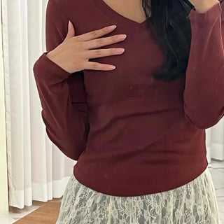 Soft Tension V-Neck Cotton Semi-Crop Long Sleeve T-Shirt