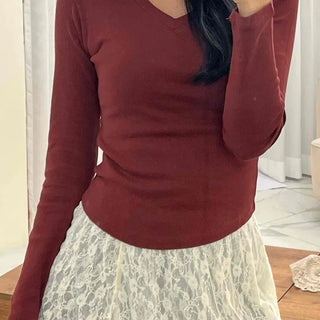 Soft Tension V-Neck Cotton Semi-Crop Long Sleeve T-Shirt
