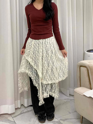 Soft Tension V-Neck Cotton Semi-Crop Long Sleeve T-Shirt