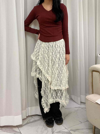 Soft Tension V-Neck Cotton Semi-Crop Long Sleeve T-Shirt
