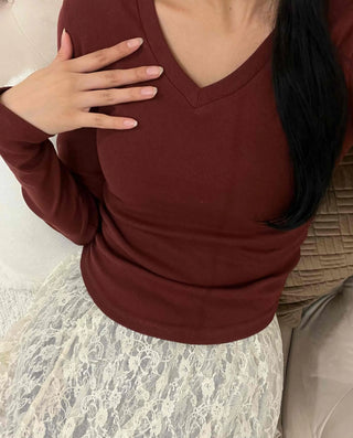 Soft Tension V-Neck Cotton Semi-Crop Long Sleeve T-Shirt