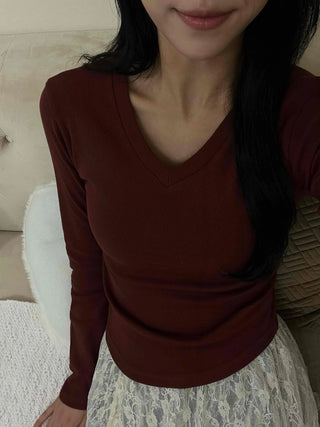 Soft Tension V-Neck Cotton Semi-Crop Long Sleeve T-Shirt