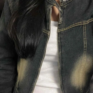 Vintage washed band collar cropped denim jacket
