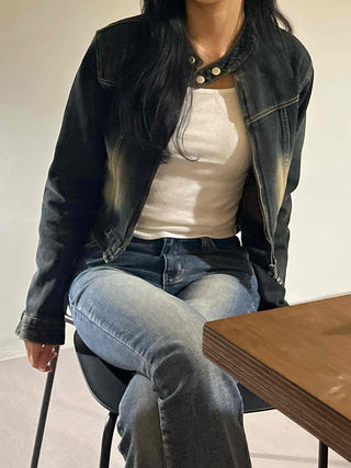 Vintage washed band collar cropped denim jacket