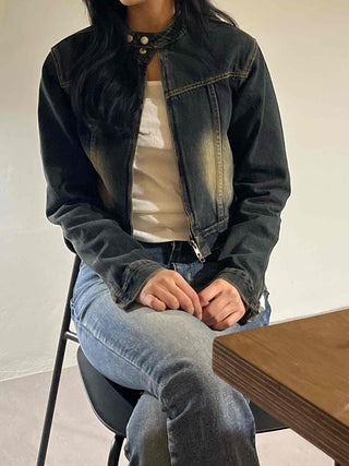 Vintage washed band collar cropped denim jacket