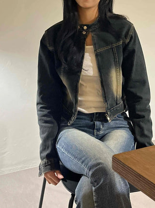 Vintage washed band collar cropped denim jacket