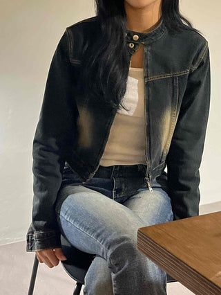 Vintage washed band collar cropped denim jacket