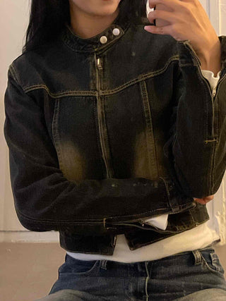 Vintage washed band collar cropped denim jacket