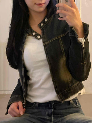 Vintage washed band collar cropped denim jacket
