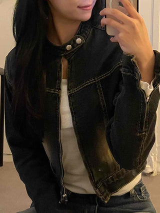 Vintage washed band collar cropped denim jacket