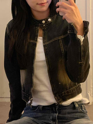 Vintage washed band collar cropped denim jacket