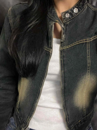 Vintage washed band collar cropped denim jacket