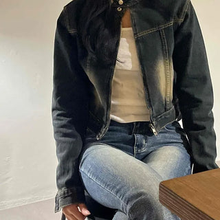 Vintage washed band collar cropped denim jacket