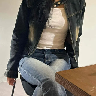 Vintage washed band collar cropped denim jacket