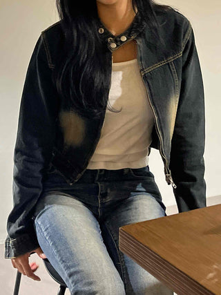 Vintage washed band collar cropped denim jacket