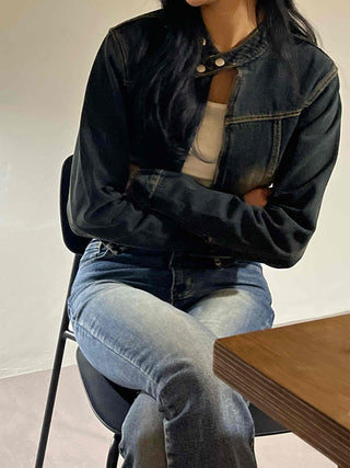 Vintage washed band collar cropped denim jacket