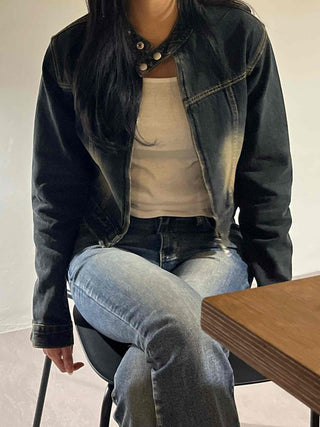 Vintage washed band collar cropped denim jacket