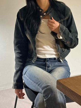 Vintage washed band collar cropped denim jacket