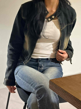 Vintage washed band collar cropped denim jacket