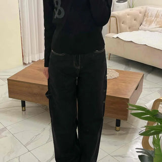 Stitched Color Block Super Wide Denim Pants