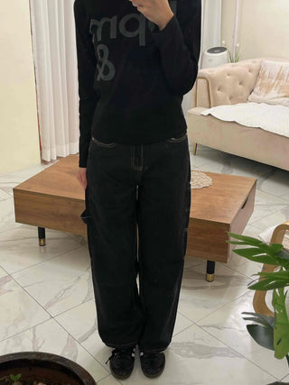 Stitched Color Block Super Wide Denim Pants