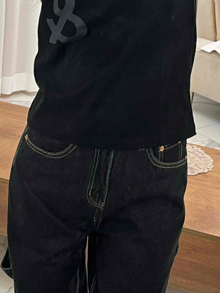 Stitched Color Block Super Wide Denim Pants