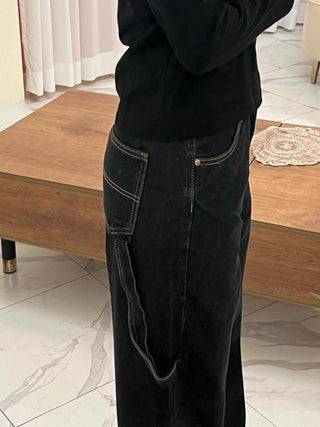 Stitched Color Block Super Wide Denim Pants