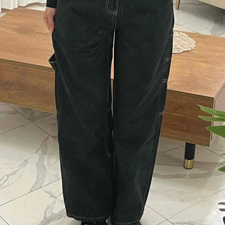 Stitched Color Block Super Wide Denim Pants