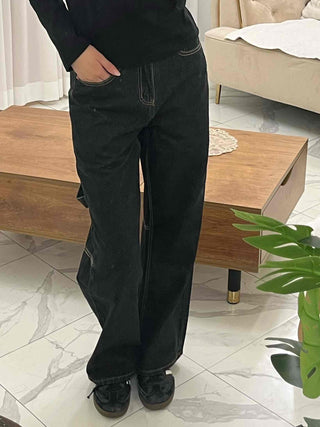 Stitched Color Block Super Wide Denim Pants