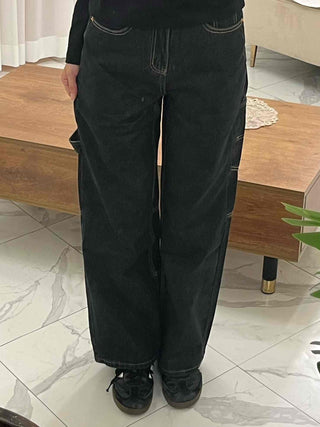 Stitched Color Block Super Wide Denim Pants