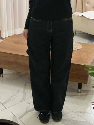 Stitched Color Block Super Wide Denim Pants