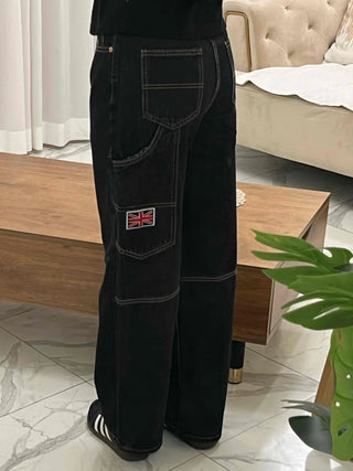 Stitched Color Block Super Wide Denim Pants