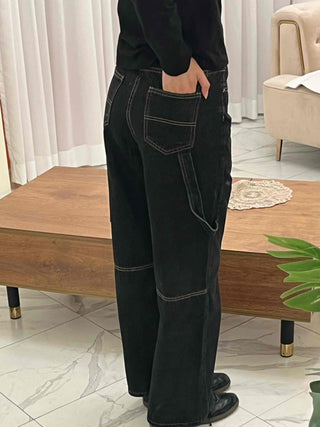 Stitched Color Block Super Wide Denim Pants