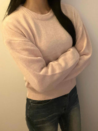 Soft Pastel Balloon Sleeve Round Neck Knit
