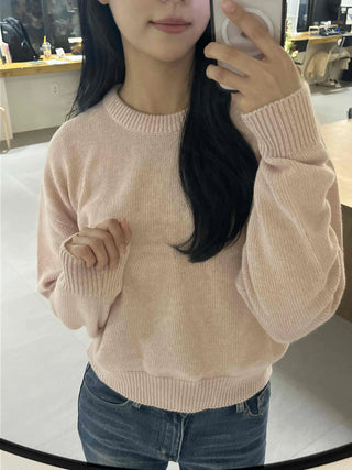 Soft Pastel Balloon Sleeve Round Neck Knit