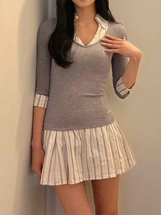 Delicate Fit V-Neck Knit Pleated Mix Dress