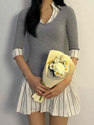 Delicate Fit V-Neck Knit Pleated Mix Dress
