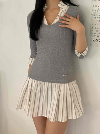 Delicate Fit V-Neck Knit Pleated Mix Dress