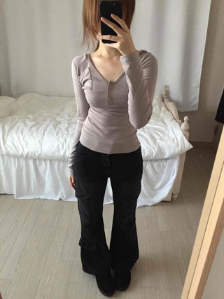 Y2K Style Low-Rise Cargo Flare Denim Pants