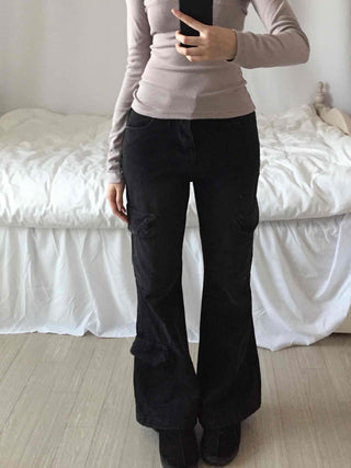 Y2K Style Low-Rise Cargo Flare Denim Pants