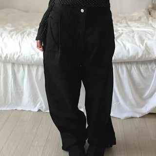 Basic Eyelet Button High-Waisted Straight Denim Long Pants