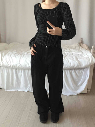 Basic Eyelet Button High-Waisted Straight Denim Long Pants