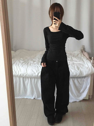 Basic Eyelet Button High-Waisted Straight Denim Long Pants