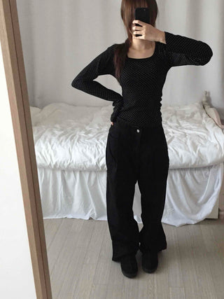 Basic Eyelet Button High-Waisted Straight Denim Long Pants