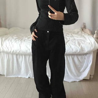 Basic Eyelet Button High-Waisted Straight Denim Long Pants