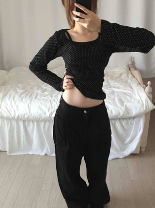 Basic Eyelet Button High-Waisted Straight Denim Long Pants