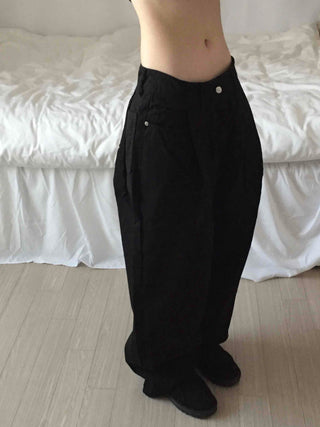 Basic Eyelet Button High-Waisted Straight Denim Long Pants
