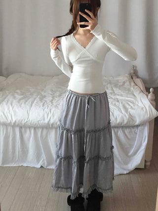 Romantic Flower Lace Tiered Elastic Long Skirt