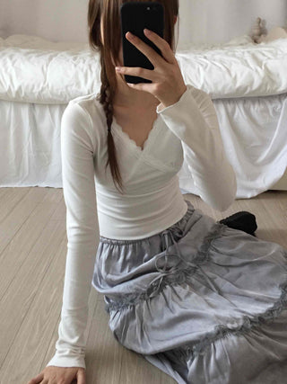 Romantic Flower Lace Tiered Elastic Long Skirt