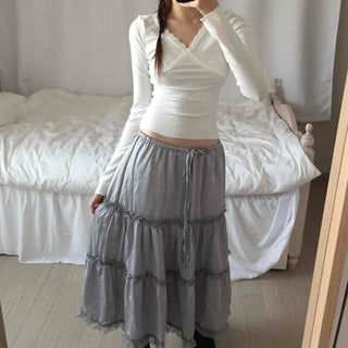 Romantic Flower Lace Tiered Elastic Long Skirt